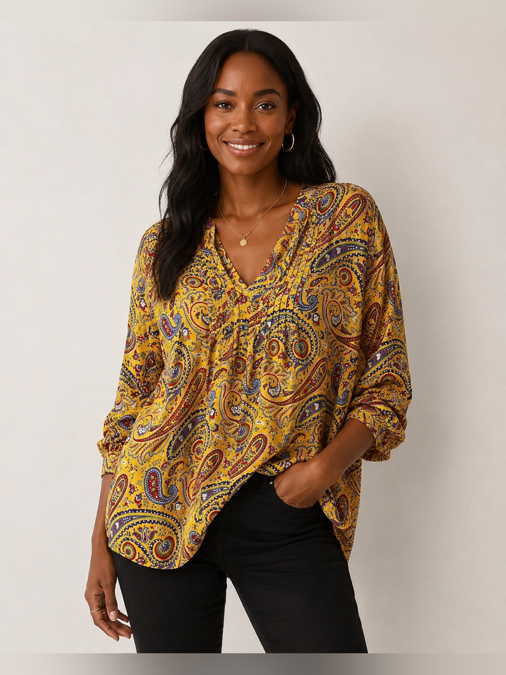 Lauren Ralph Lauren 100% Silk Paisley Boho Peasant Tunic Blouse Yellow Size 1X P